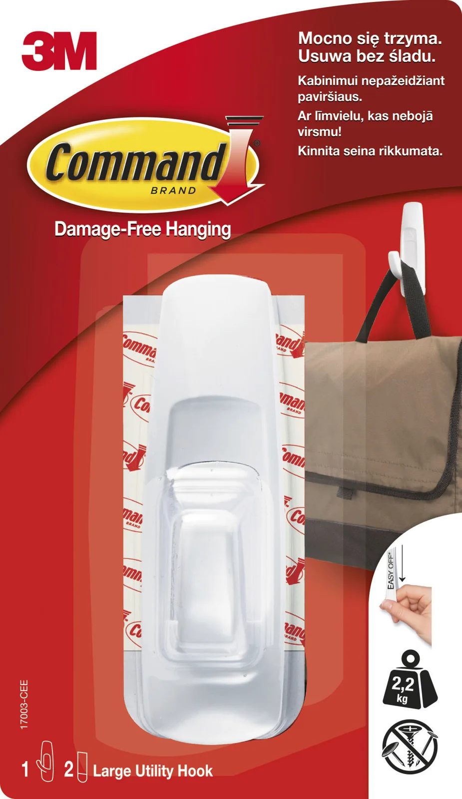 Command™ Large Utility Hook 17003-1-CEE, White, 1 Hook+2 Strips/Pack