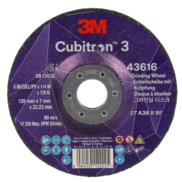 3M™ Cubitron™ 3 Depressed Center Grinding Wheel, 43616, 36+, T27, 125 mm x 7 mm x 22.23 mm, Gouge Special EN, 20 ea/Case
