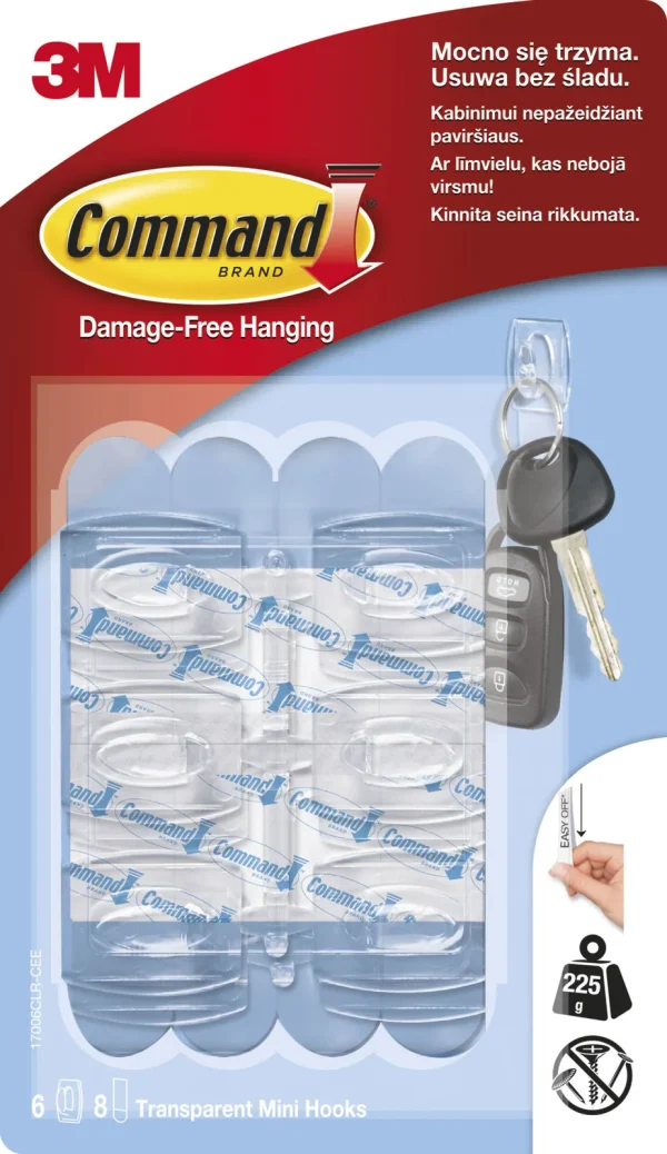 Command™ Mini Hook 17006CLR-6-CEE, Clear, 6 Hooks+8 Strips/Pack