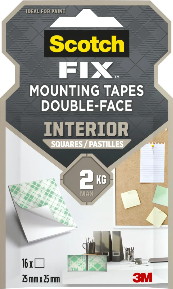 Scotch-FIX™ Double-Sided Interior Mounting Squares 4496-ST16-P, 25 mm x 25 mm, 16 Strips/Pack