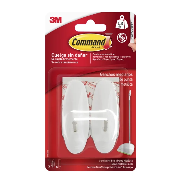 Command™ Medium Wire Hook 17068-2-SPIG, White, 2 Hooks+4 Strips/Pack