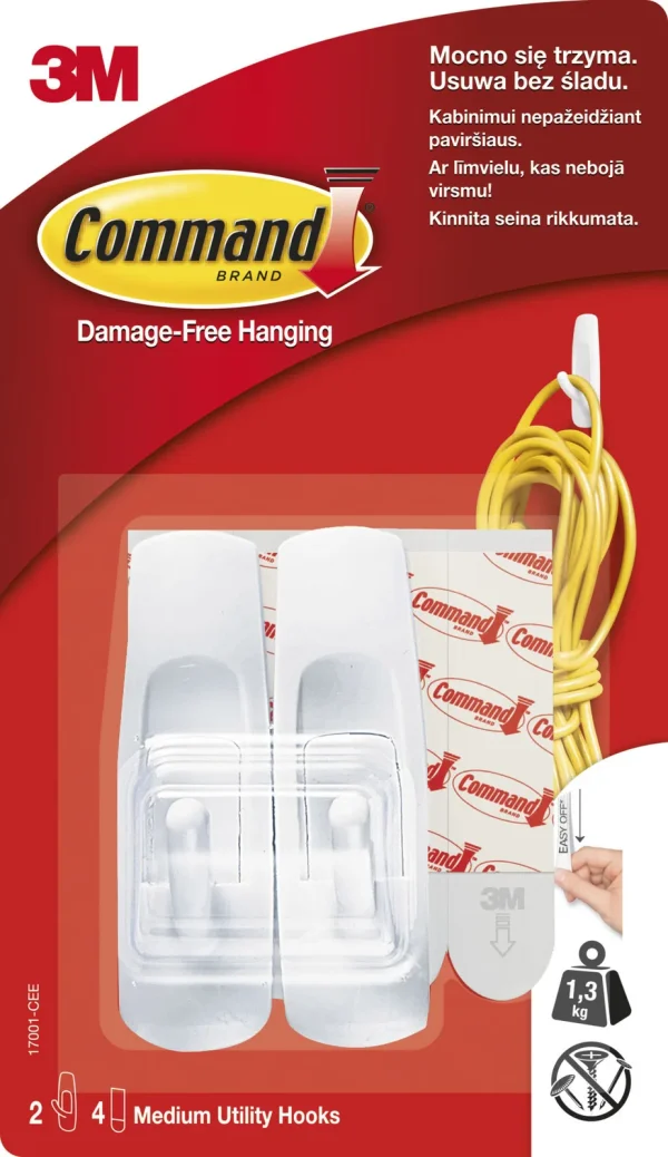 Command™ Medium Utility Hook 17001-2-CEE, White, 2 Hooks+4 Strips/Pack
