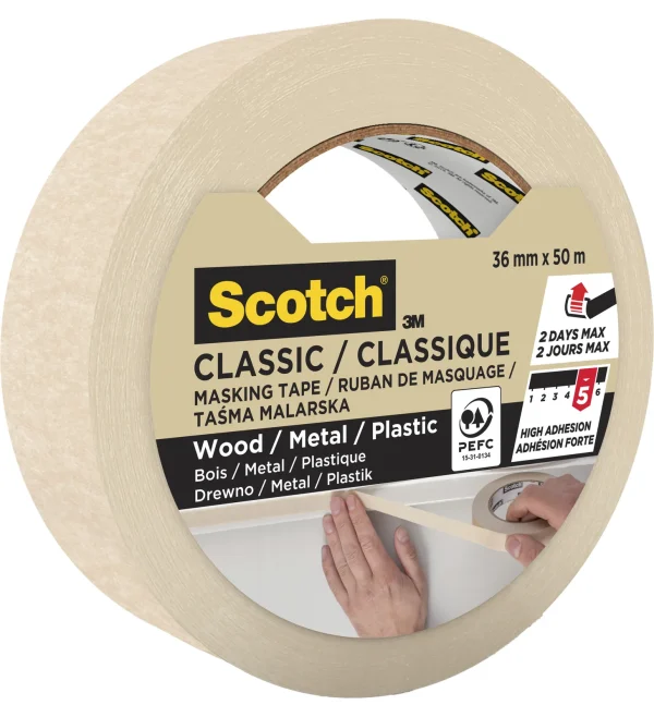 Scotch® Classic Masking Tape, 36 mm x 50 m, 1 Roll/Pack, 70% PEFC, SGSCH-PEFC-COC-110078
