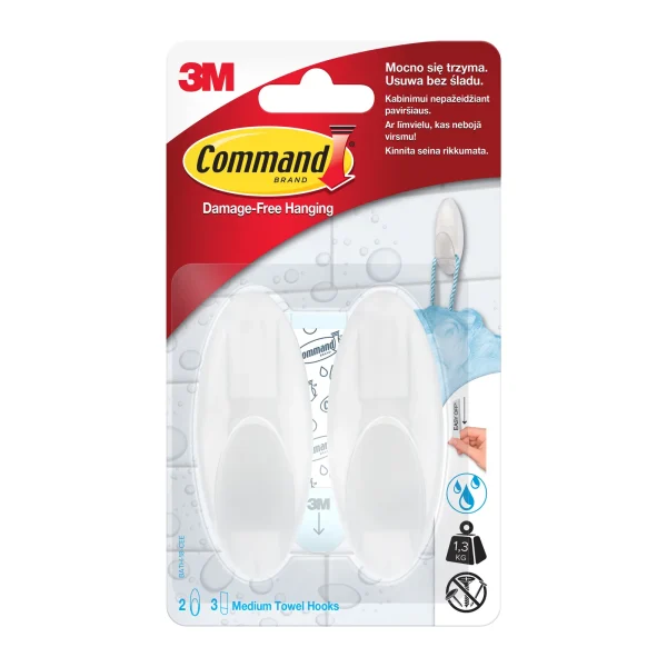 Command™ Bath Medium Towel Hook BATH18-CF-2-CEE, Clear Frosted, 2 Hooks + 3 Strips/Pack