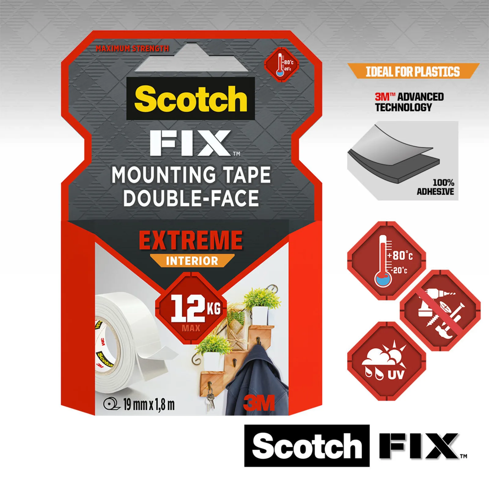 Scotch-FIX™ Double-Sided Extreme Interior Mounting Tape PGS05-1918-P, 19 mm x 1,8 m, 1 Roll/Pack - imagine 2