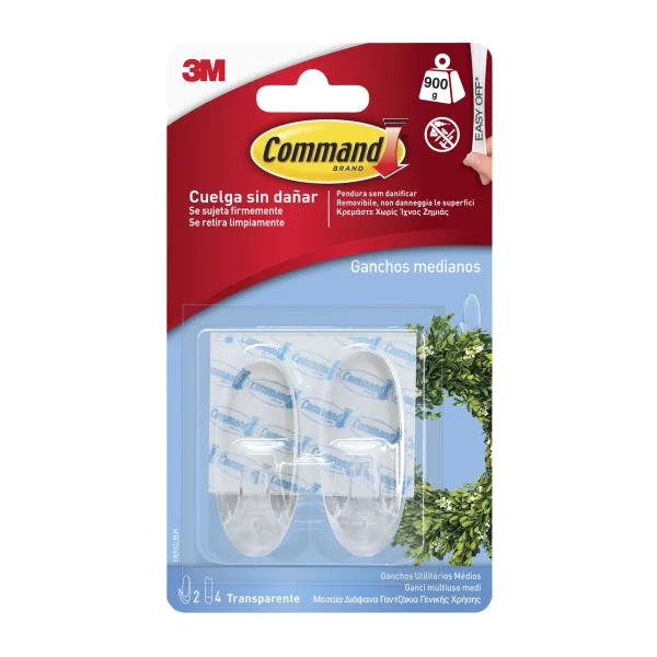Command™ Medium Hook 17091CLR-2-SPIG, Clear, 2 Hooks+4 Strips/Pack