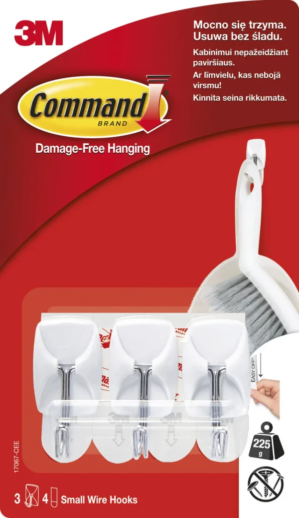 Command™ Small Wire Hook 17067-3-CEE, White, 3 Hooks+4 Strips/Pack