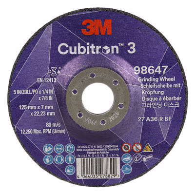 3M™ Cubitron™ 3 Depressed Center Grinding Wheel, 43616, 36+, T27, 125 mm x 7 mm x 22.23 mm, Gouge Special EN, 20 ea/Case
